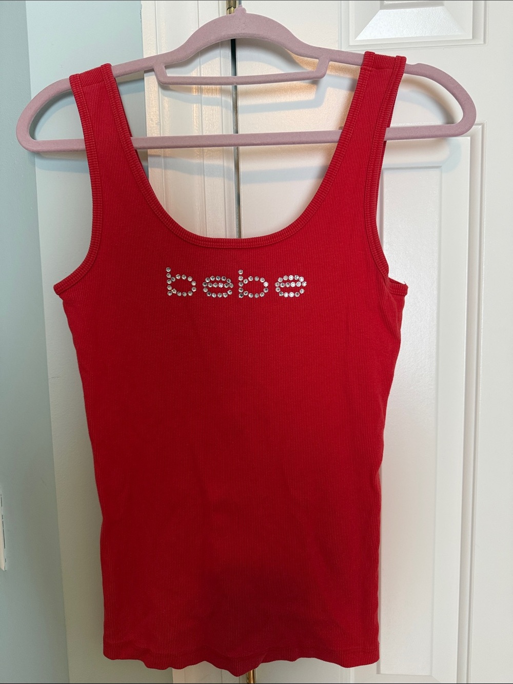 Bebe Red Rhinestone Logo Ribbed Tank - Picture 1 of 5